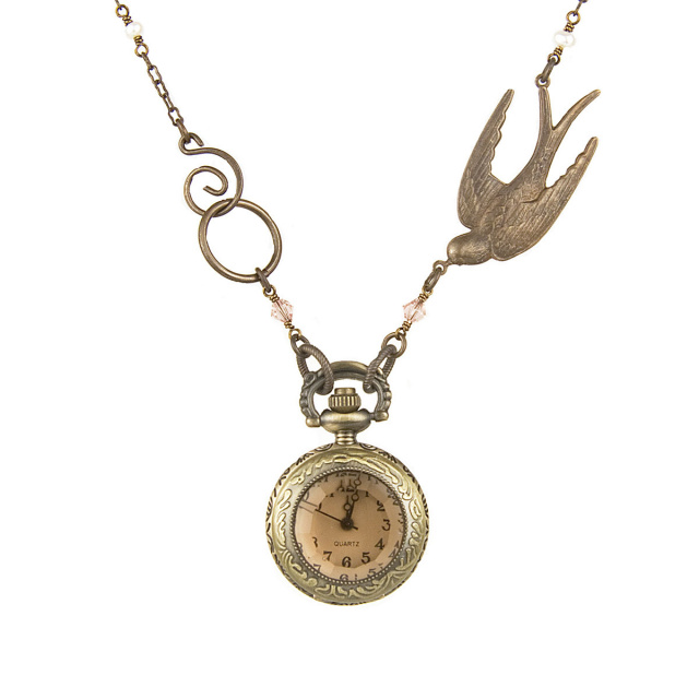 Vintage Bird Clock Necklace