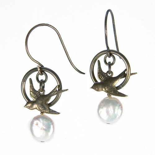 Coin Pearl Bird Earrings