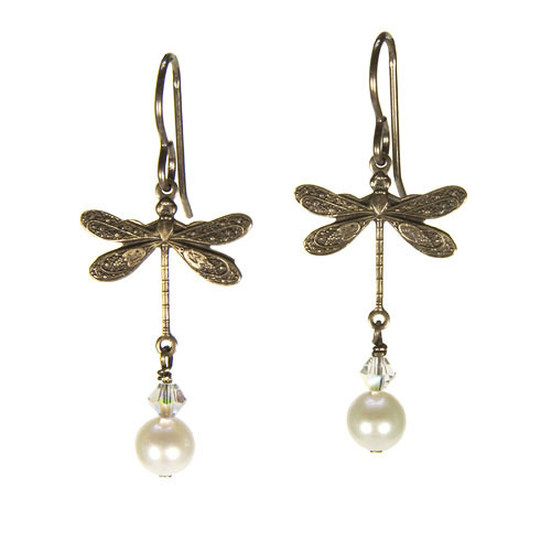 White Freshwater Pearl Dragonfly Earring