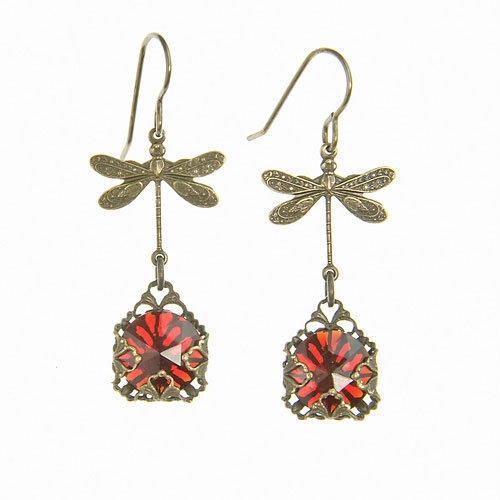 Red Bejeweled Dragonfly Earrings