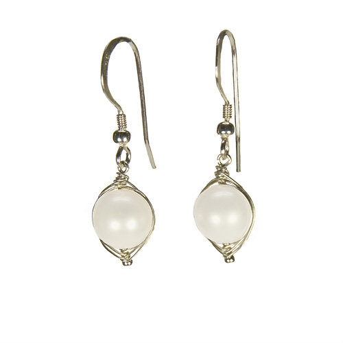 White Herringbone Wrapped Pearl Earrings