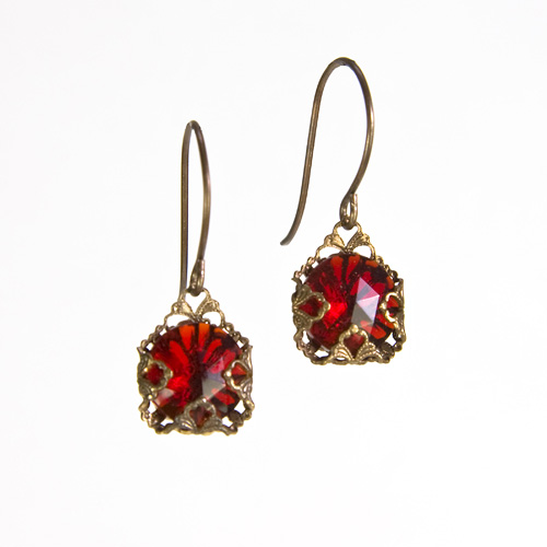 Ruby Red Glass Filigree Short Earrings