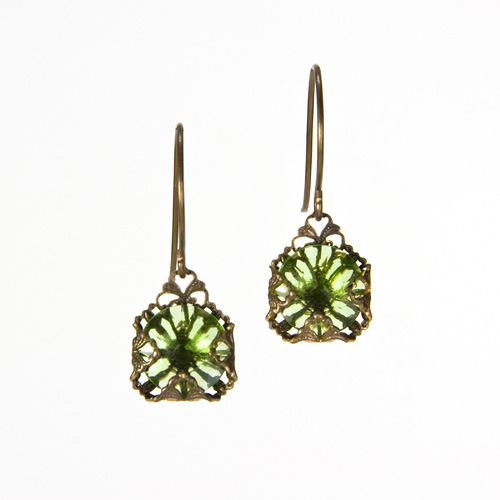 Green Glass Filigree Short Earrings