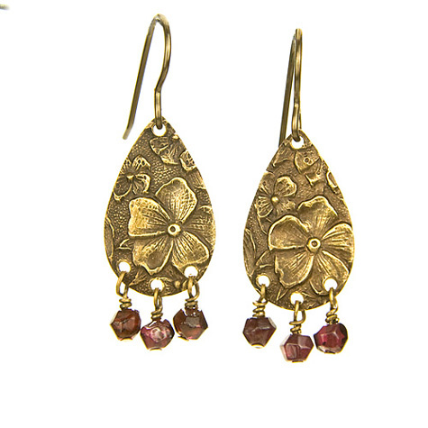 Floral Garnet Tear Drop Earrings