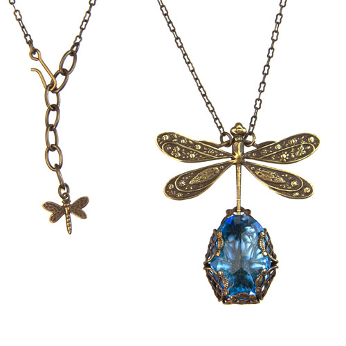 Aqua  Bejeweled Dragonfly Necklace- Lg. Stone
