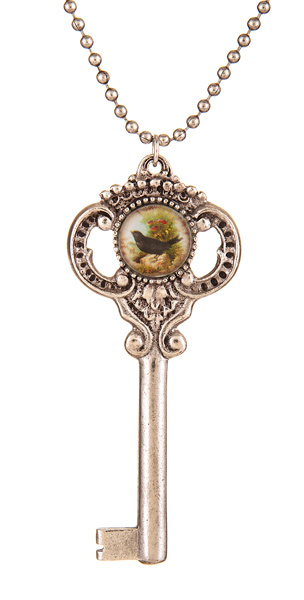 Silver Key Necklace - Black Bird